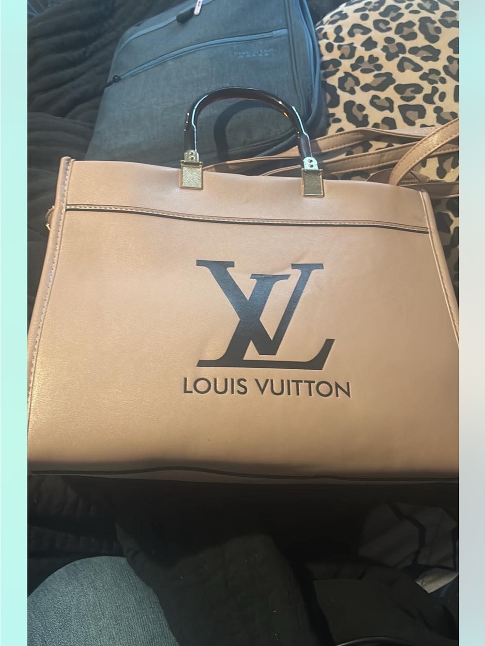 Louis Vuitton Tan Leather LV Logo Tote with Dark Handles